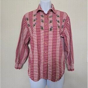 Vintage 90s Maggie&Max Plaid Button Up Floral Embroidery Shirt Small Western